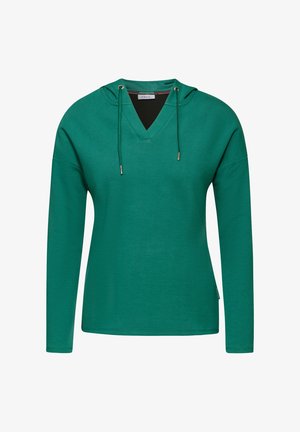 Grön långärmad hoodie med V-ringning, två snören och sidofickor; strukturerad tyg med en enfärgad design.