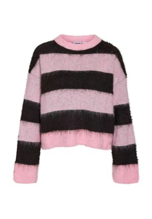 Suéter de punto borroso en rosa y negro con amplias franjas horizontales, mangas largas y cuello redondo.