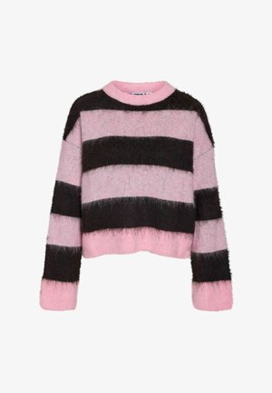 Różowo-czarny puchaty sweter z grubym splotem, szerokimi poziomymi pasami, długimi rękawami i okrągłym dekoltem.