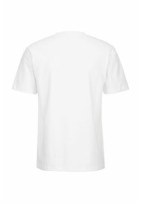 Weißes Baumwoll-T-Shirt mit klassischem Rundhalsausschnitt und kurzen Ärmeln. Glatte Textur, gerader Schnitt, keine Muster oder Verzierung. Rückansicht.