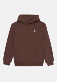 Felpa in cotone marrone con tasca a marsupio frontale, polsini a costine e logo Jumpman bianco sul petto. Presenta un cappuccio regolabile con cordino.