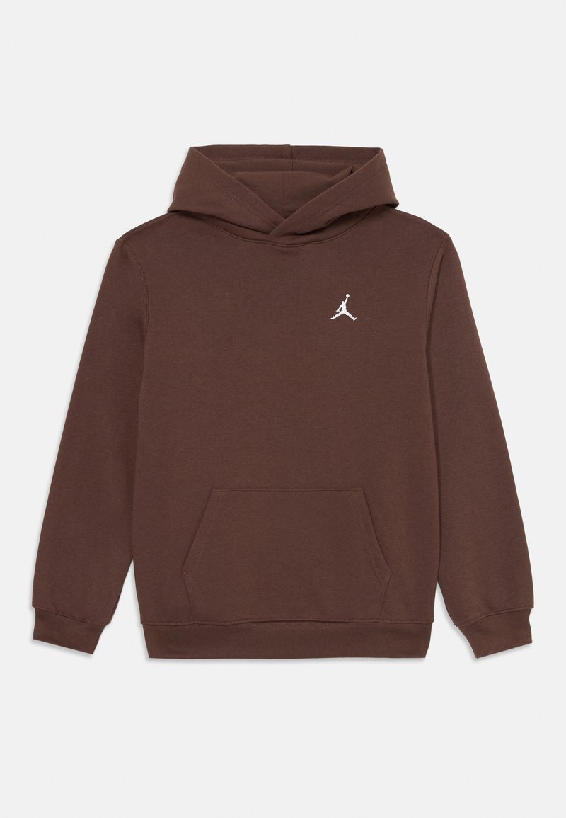 Felpa in cotone marrone con tasca a marsupio frontale, polsini a costine e logo Jumpman bianco sul petto. Presenta un cappuccio regolabile con cordino.