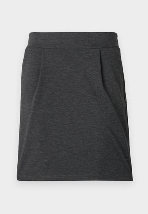 Mörkgrå tygkjol med en åtsittande midja, som har vecken för extra textur. Rakt skuren design, minimala sömdetaljer och inga mönster.