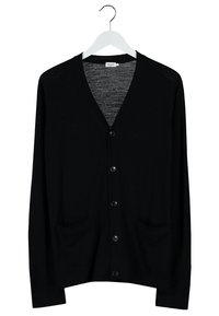 Black cardigan featuring a V-neck, button front, and two front pockets. Made from soft fabric with a plain texture and long sleeves.