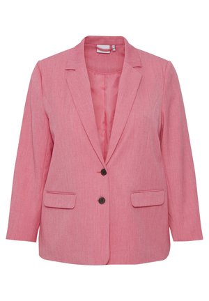Pink fabric blazer with a textured finish, single-button closure, two front pockets, and a notched lapel design. Unlined interior.