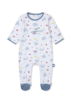 Pelele blanco para bebé con puños y pies azules, decorado con hipopótamos, peces, soles y estrellas de mar rojas, con el texto "Estoy feliz junto al mar."