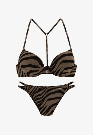 Zebra print bikini set featuring padded cups, adjustable straps, and low-rise bikini bottoms. Made from textured fabric in black and beige tones.