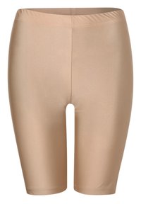 Beżowe, wysokie, elastyczne szorty do kolan o gładkim wykończeniu, bez widocznych logo czy wzorów.