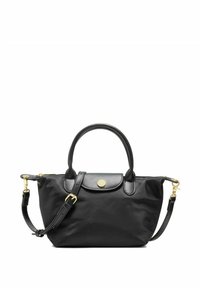 Czarna torebka nylonowa z podwójnymi uchwytami u góry i odpinanym paskiem na ramię. Posiada złote akcenty oraz zapięcie na zatrzask z przodu.