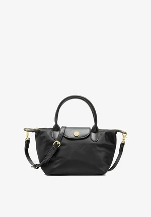 Czarna torebka nylonowa z podwójnymi uchwytami u góry i odpinanym paskiem na ramię. Posiada złote akcenty oraz zapięcie na zatrzask z przodu.