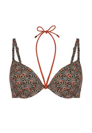 Biustonosz z ciemnozielonym, pomarańczowym i białym kwiatowym wzorem, wyposażony w regulowane ramiączka na ramiona oraz pomarańczowy pleciony pasek na szyję typu halter.