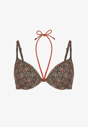 Biustonosz z ciemnozielonym, pomarańczowym i białym kwiatowym wzorem, wyposażony w regulowane ramiączka na ramiona oraz pomarańczowy pleciony pasek na szyję typu halter.