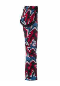 Pantaloni da sci colorati con un audace motivo astratto in rosso, blu e grigio. Realizzati in un tessuto resistente con un design aderente e spalline regolabili.
