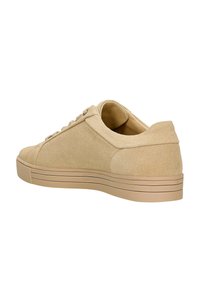Sneaker beige in suede con punta arrotondata, lacci piatti e design cucito. La suola in gomma presenta scanalature orizzontali per una migliore trazione.