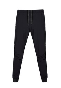 Schwarze Joggingpants aus leichtem Material, mit elastischem Bund und Kordelzug, schmal zulaufendem Bein und seitlichen Reißverschlusstaschen.