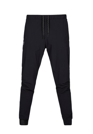 Black jogger pants made from lightweight fabric, featuring an elastic waistband with drawstring, tapered leg, and side zip pockets.