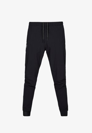 Pantaloni jogger negri, confecționați dintr-un material ușor, cu talie elastică și șnur, picioare tapered și buzunare laterale cu fermoar.