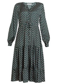 Lang, groene bloemenjurk met roze en witte patronen. V-hals, lange mouwen en strikdetail bij de taille. Flared onderkant met gelaagd ontwerp.