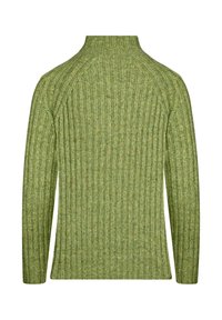 Grüner Strickpullover mit hohem Kragen, ribbeliger Textur, langen Ärmeln und taillierter Passform mit geradem Saum am unteren Ende.