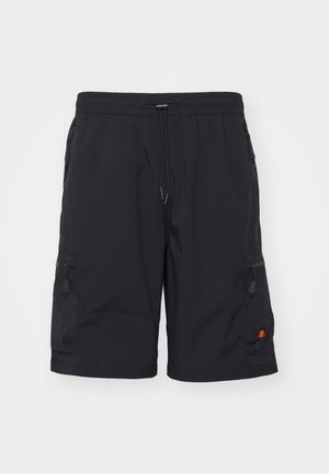 Schwarze Cargo-Shorts aus leichtem Material mit einem elastischen Bund und Kordelzug, seitlichen Reißverschlusstaschen und einem kleinen Logo am linken Bein.
