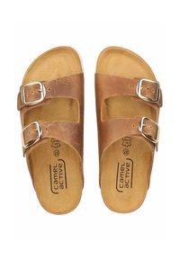 Bruine leren sandalen met twee verstelbare metalen gespen, een gevormde zool en een tan voetbed. Het ontwerp heeft een platte zool en geen verdere versieringen.