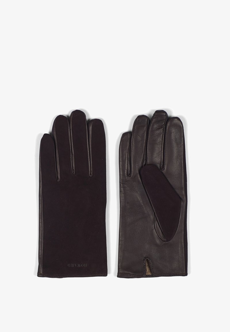 Dark brown leather gloves featuring a smooth outer finish, five-finger design, and an interior lining. Includes a small opening at the wrist.
