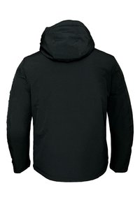 Svart isolerad jacka med huva, med en slank design, mjuk textur och långa ärmar. Inga synliga logotyper eller mönster.