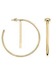 Vergulde hoepeloorbellen met een strakke ronde vorm. Voorzien van een platte, rechthoekige accent met de gravure "LIEBESKINDBERLIN."