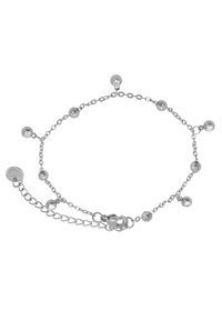 Bracciale in catena argento con perline metalliche rotonde e piccoli accenti di gemme trasparenti, dotato di chiusura a gancio e lunghezza regolabile.