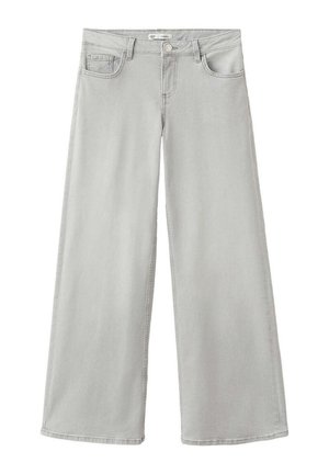 Lysegrå jeans med vide ben, forlommer, bæltestropper og knaplukning.