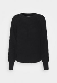 Maglione nero lavorato a maglia con un motivo testurizzato e ondulato. Presenta un collo rotondo, maniche lunghe e polsini e orlo a coste.