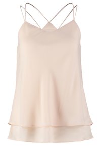 Jasnoróżowa satynowa bluzka o luźnym kroju, z cienkimi skrzyżowanymi ramiączkami i warstwowym wykończeniem dla dodatkowej tekstury. Gładka powierzchnia.