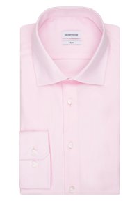 Helles rosa Langarmhemd in schlanker Passform, mit einem spitzen Kragen und weißen Knopfdetails an den Manschetten und der Knopfleiste.