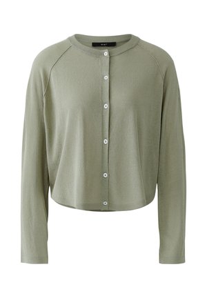 Hellgrüner, langärmliger kurzes Cardigan mit rundem Ausschnitt und sechs kleinen weißen Knöpfen vorne.