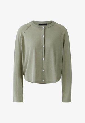 Light green, long-sleeve cropped cardigan with round neckline and six small white buttons down the front.