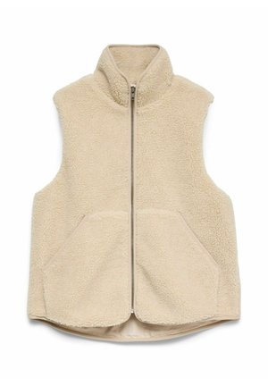 Gilet senza maniche in pile beige con collo alto, cerniera frontale e due grandi tasche frontali, progettato per il calore e un uso casual.
