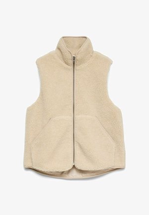 Smėlinės spalvos be rankovių vilnos liemenė su aukštu apykakle, priekinio užtrauktuku ir dviem didelėmis priekinėmis kišenėmis, skirta šilumai ir kasdieniam dėvėjimui.