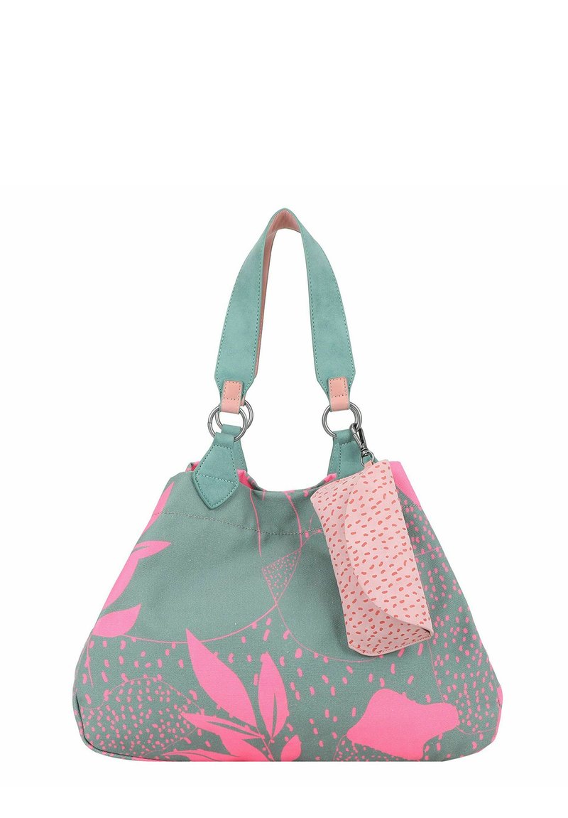 Borsa in tela verde con motivi floreali rosa, dotata di due manici e una piccola pochette abbinata attaccata. Texture liscia con accessori in metallo argentato.