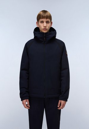 Marineblauwe hoodie met rits, elastische manchetten en zijzakken. Heeft gestructureerde panelen op de mouwen en een logo-badge op de arm.