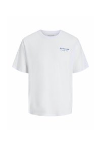 Camiseta blanca de manga corta con cuello redondo y pequeño texto azul "J&J desde 1990 Club de sociedad" en la parte superior izquierda del pecho.