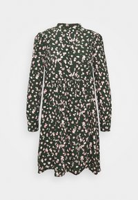 Robe longue à manches longues de couleur vert foncé avec un motif floral abstrait rose et beige, col haut, poitrine boutonnée et taille froncée.