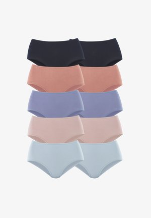 Assortiment katoenen slips in marineblauw, perzik, lavendel, lichtroze en lichtblauw, met een gladde textuur en een mid-rise ontwerp.