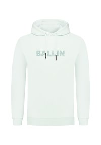 Lichtgroene hoodie met een voorzak, verstelbare capuchon, en "BALLIN"-tekst in een contrasterend ontwerp. Zachte stof, geribbelde boorden.
