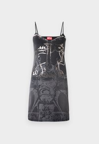 Black sleeveless dress with thin straps, featuring a metallic graphic design of a cat and abstract patterns. Fabric appears soft and smooth.