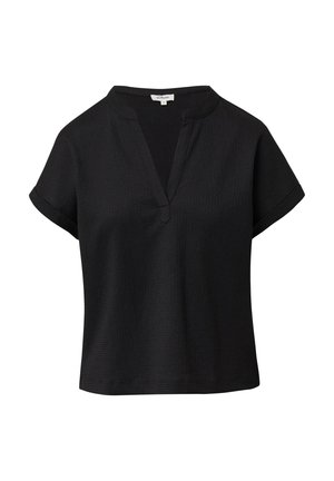 Zwarte blouse met korte mouwen gemaakt van gestructureerde stof, met een V-hals en een relaxte pasvorm met minimale naaddetails.