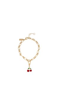 Guldkedja i armband med stora ovaler länkar, med en charm av två röda körsbär och gröna blad fästa. Justerbar kedja för perfekt passform.