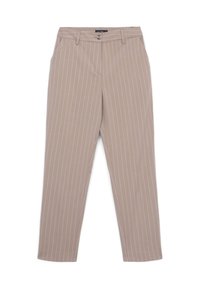 Helle beige Hose mit weißen Nadelstreifen, gefertigt aus einem glatten Stoff; verfügt über einen Knopfverschluss und seitliche Taschen mit geradem Schnitt.