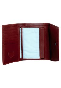 Open red leather wallet showing multiple card slots, a transparent ID window, and a snap button coin pocket.