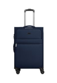 Valigia rigida blu navy con due ruote scorrevoli, manico telescopico, tasca anteriore con zip e superficie testurizzata.