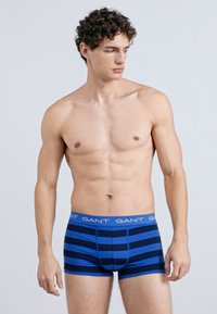 Modre boksarice s črtami, oprijete oblike in z elastiko v pasu, na kateri je napis blagovne znamke. Gladek, raztegljiv teksture tkanine.